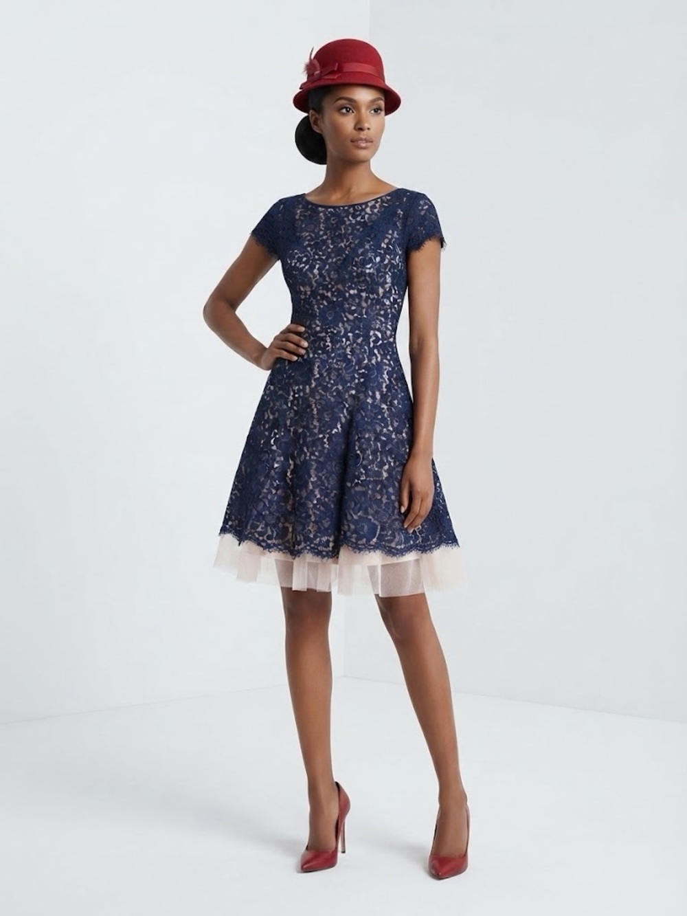 Eliza J for Anthropologie navy lace, tulle cocktail dress Size 8